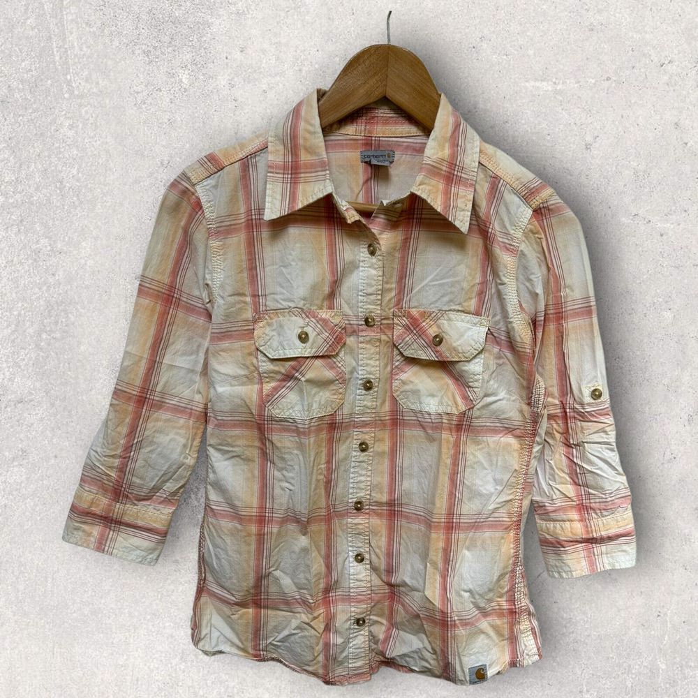 Carhartt Women's 3/4 Sleeve Button Up Shirt White Pink Orange XS